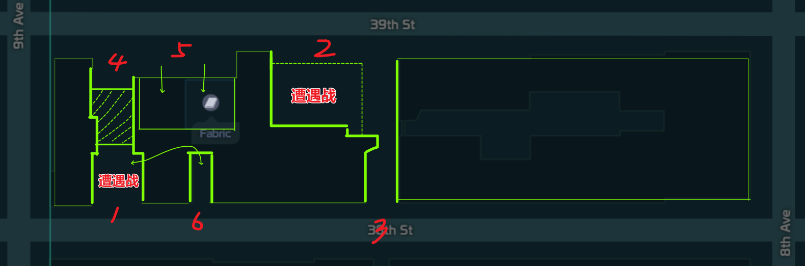 该图片是《全境1街区》中例2的街区平面布局图,对应简单高差的街区内部录屏的相关内容,呈现了39th St、3rd St、9th Ave、8th Ave围合的街区区域,标注了1、2、3、4、5、6共6个编号位置,其中1号和2号位置标注有遭遇战,1号区域内还有带斜线的特殊空间,5号区域内标注有“Fabric”标识,6号位置关联了文中提到的可通过立面凹进的上行性抵达裙房屋顶窥视1处敌人的设计内容。