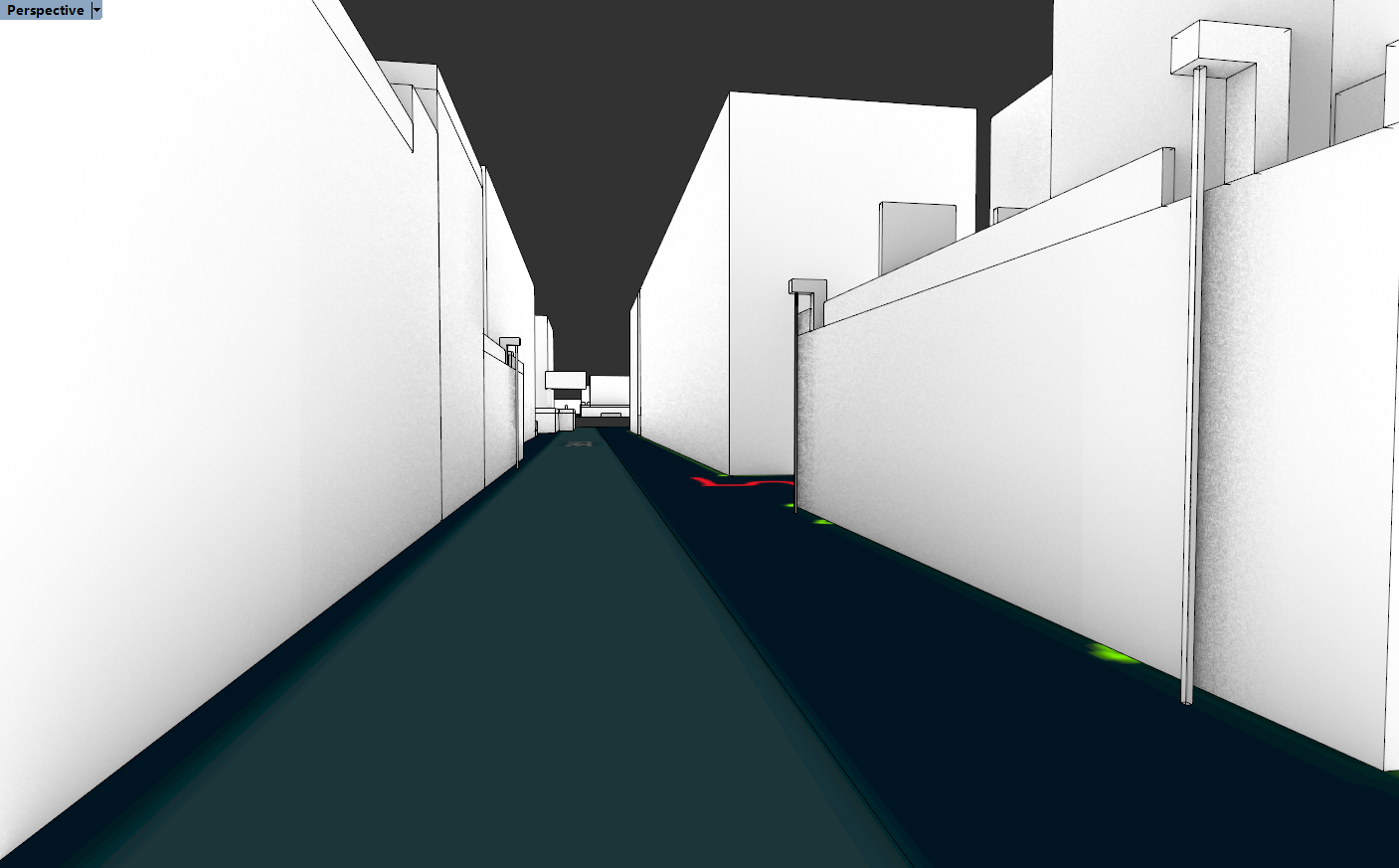 图片展示的是一个街区的3D模型,画面中有一条笔直的街道,街道两侧是高墙,墙顶有不同高度的屋顶。街道中间有红色的箭头指向远方,远处可见几栋建筑。该图片与文档中“例3、例4、例5三个相邻街区相互之间无明显关联,基本上是各管各的”内容相关,直观呈现了街区内部界面较为封闭、缺少视线引导的特点,有助于理解街区的独立性。
