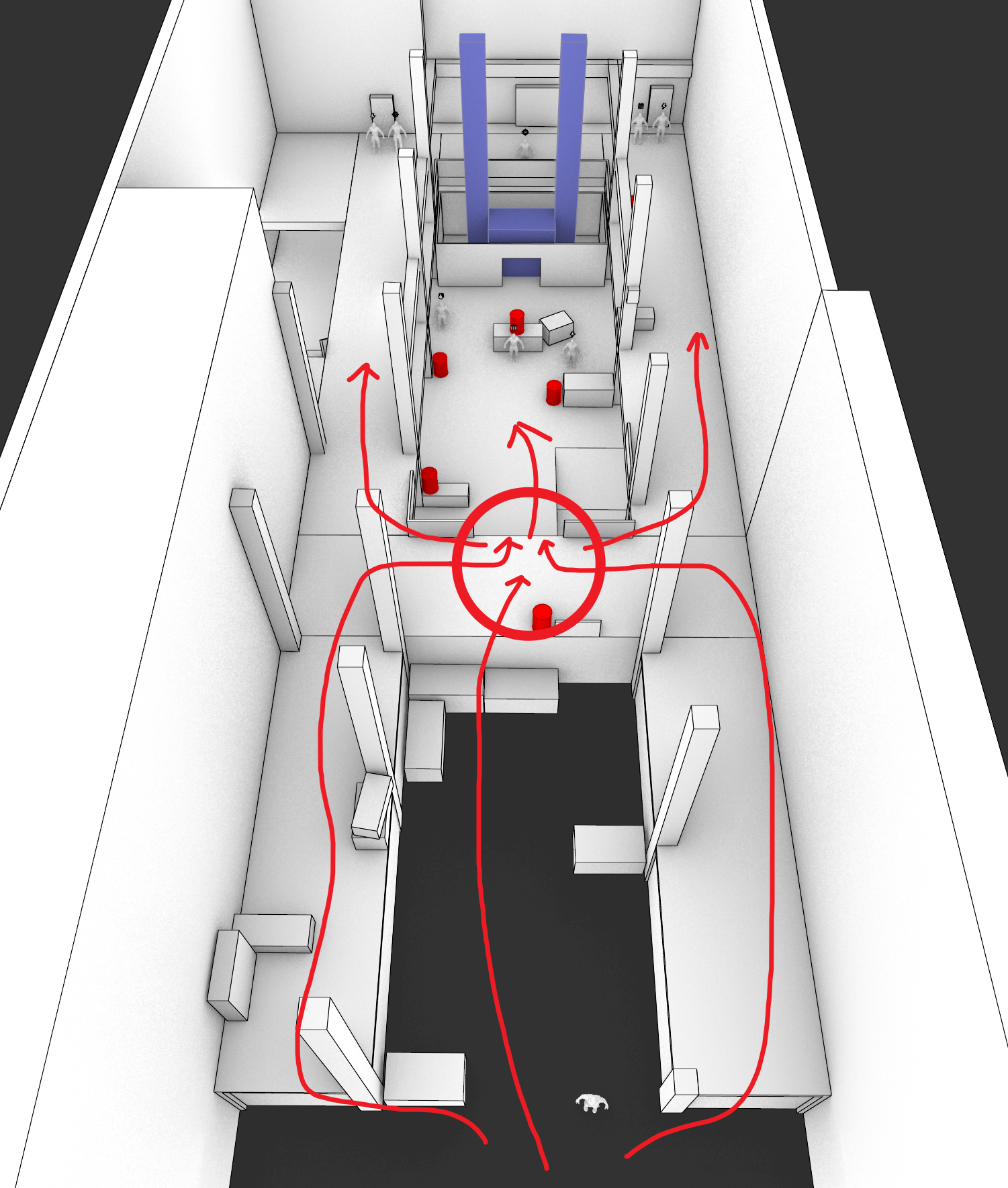 图片展示了《全境封锁2》四人副本“疾管局总部”关键战斗Beat 6的关卡Layout。画面为俯视图，以细长形结构呈现，前后两个中庭，四周环廊。中庭中央有敌人，箭头指示了玩家的行动路线，从入口处进入，先处理中庭中央的初始怪，再分批处理左右两侧的敌人。该图与上下文紧密相关，直观呈现了关卡的布局和玩家行动路径，帮助理解本Beat的多人合作机制和战斗节奏。