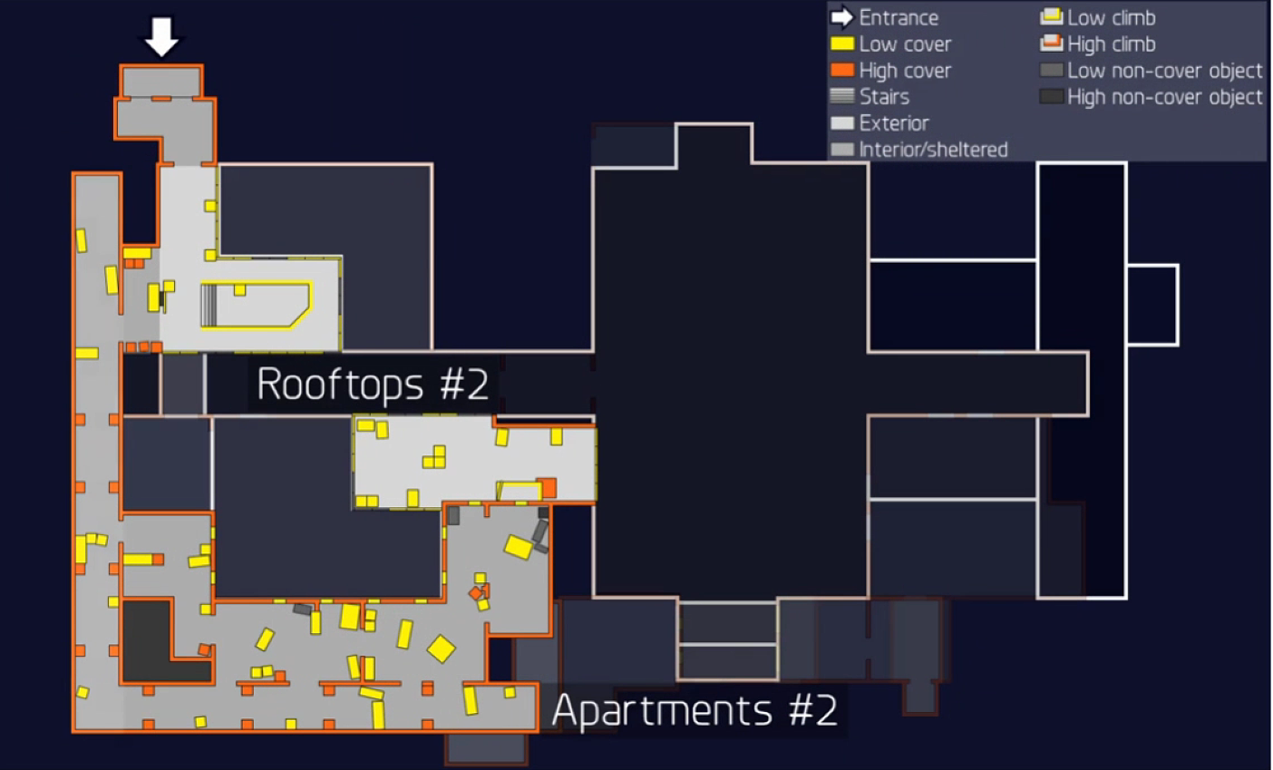 图片展示了《全境封锁2》中“Rooftops #2”和“Apartments #2”两个场景的街区Layout设计。左下角标注“Rooftops #2”，右下角标注“Apartments #2”。图中以不同颜色标识了建筑、掩体、攀爬点等元素，如黄色代表低掩体，橙色代表高掩体，灰色代表低攀爬点等。右上角有颜色标识说明，如“Entrance”为入口，“Low cover”为低掩体等。该图与文档中关于全境2关卡设计的内容相关，直观呈现了游戏中特定场景的布局。